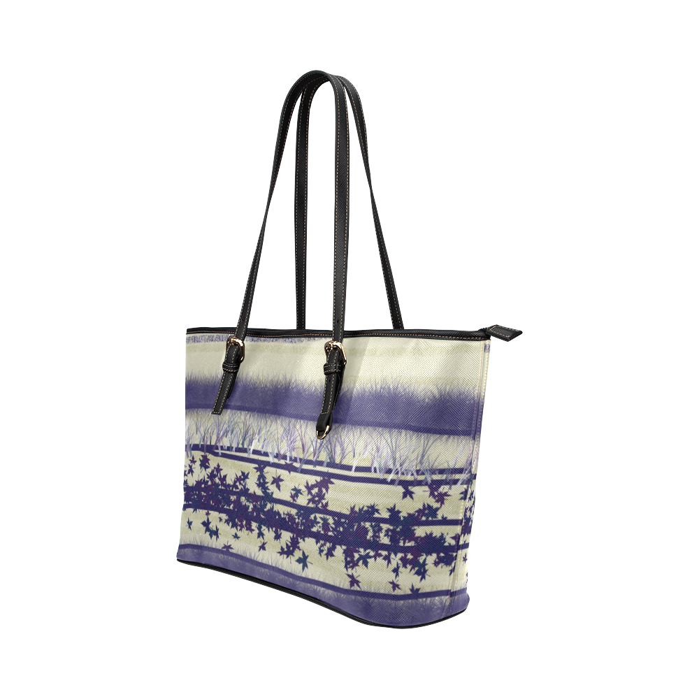 abstract beige blue lines Leather Tote Bag/Large (Model 1651)