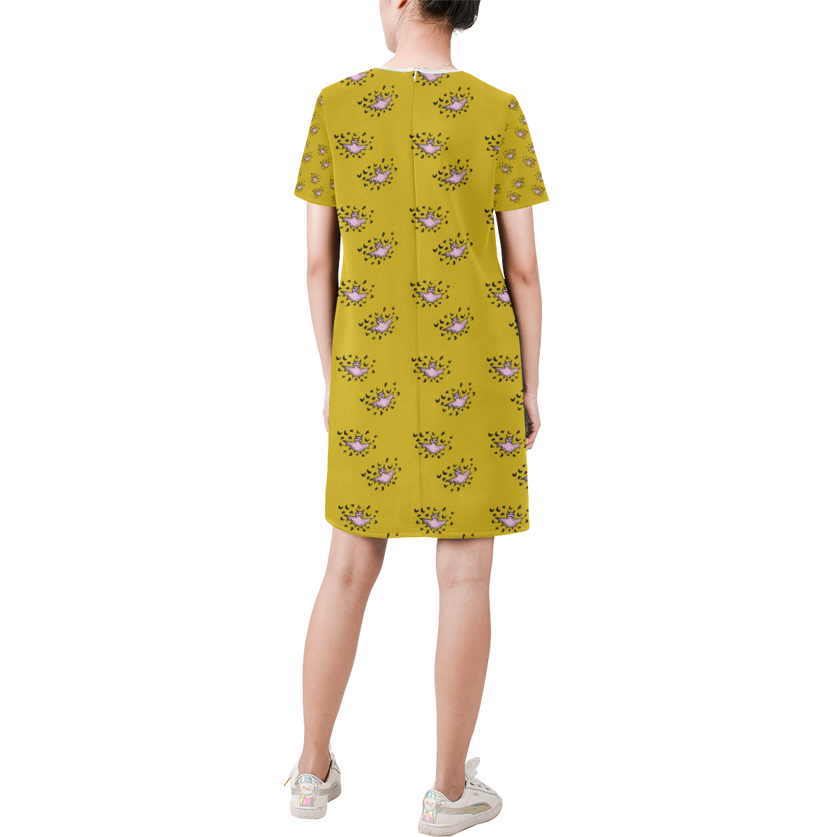 zodiac bat pink yellow Short-Sleeve Round Neck A-Line Dress (Model D47)