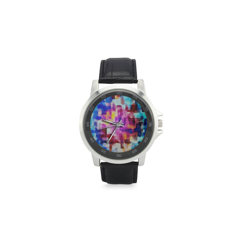 Blue pink watercolors Unisex Stainless Steel Leather Strap Watch(Model 202)