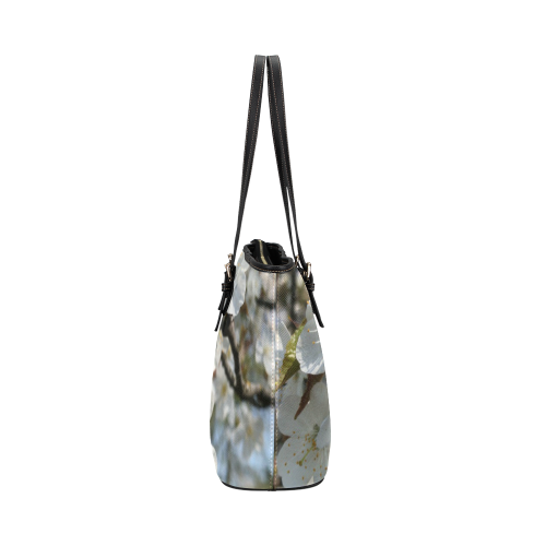 white flower Leather Tote Bag/Small (Model 1651)