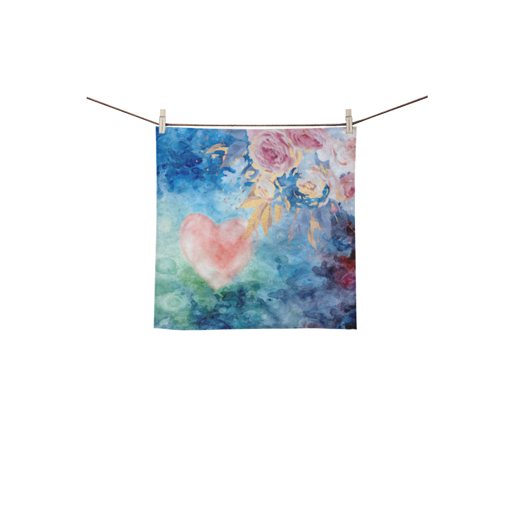 Heart and Flowers - Pink and Blue Square Towel 13“x13”