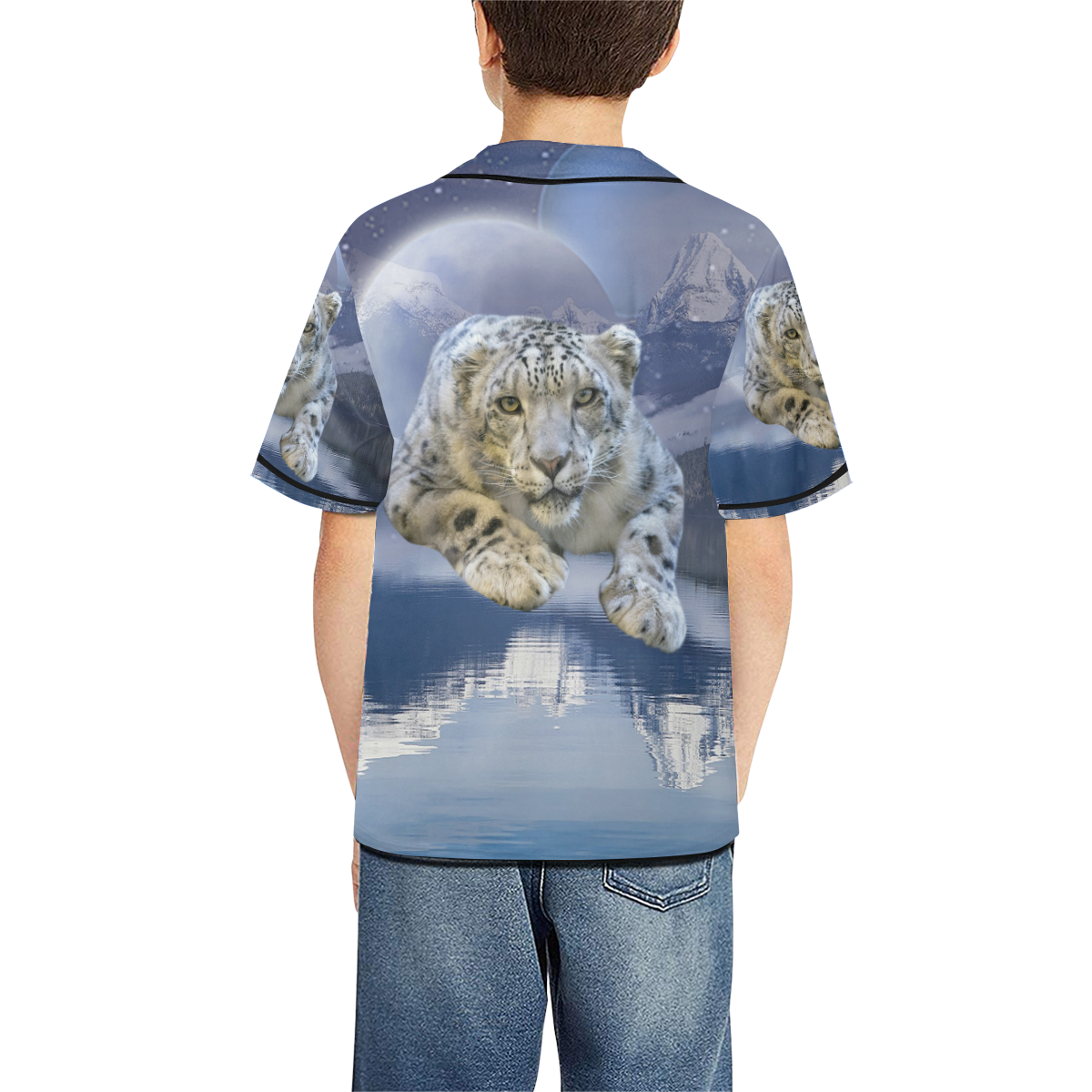 Snow Leopard and Moon All Over Print Baseball Jersey for Kids (Model T50)