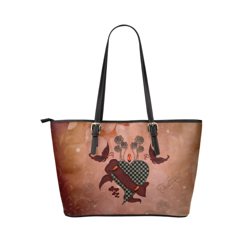 Heart with butterflies Leather Tote Bag/Small (Model 1651)