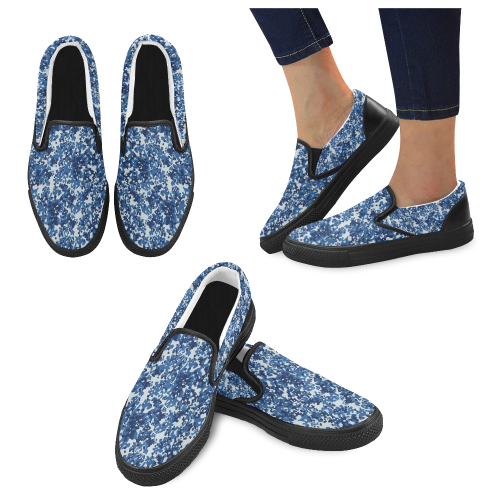 Digital Blue Camouflage Women's Slip-on Canvas Shoes (Model 019)