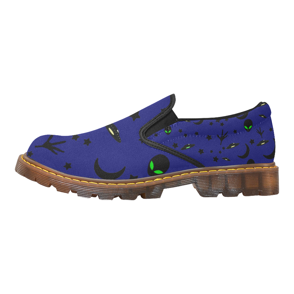 Alien Flying Saucers Stars Pattern on Blue Martin Women's Slip-On Loafer (Model 12031)