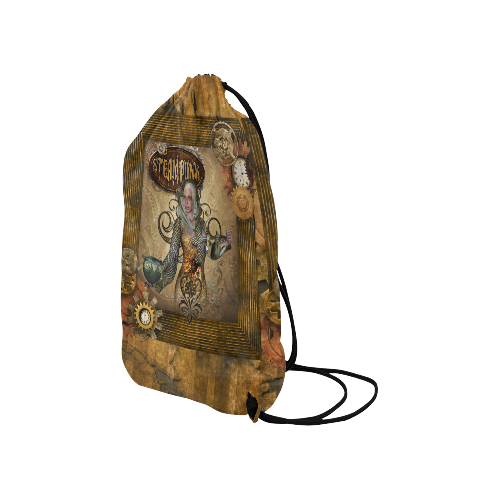 Steampunk lady with owl Small Drawstring Bag Model 1604 (Twin Sides) 11"(W) * 17.7"(H)
