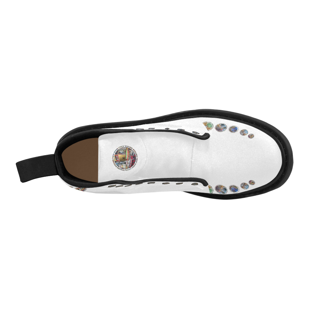 New York City badge emblem fancy arcs on white Martin Boots for Men (Black) (Model 1203H)