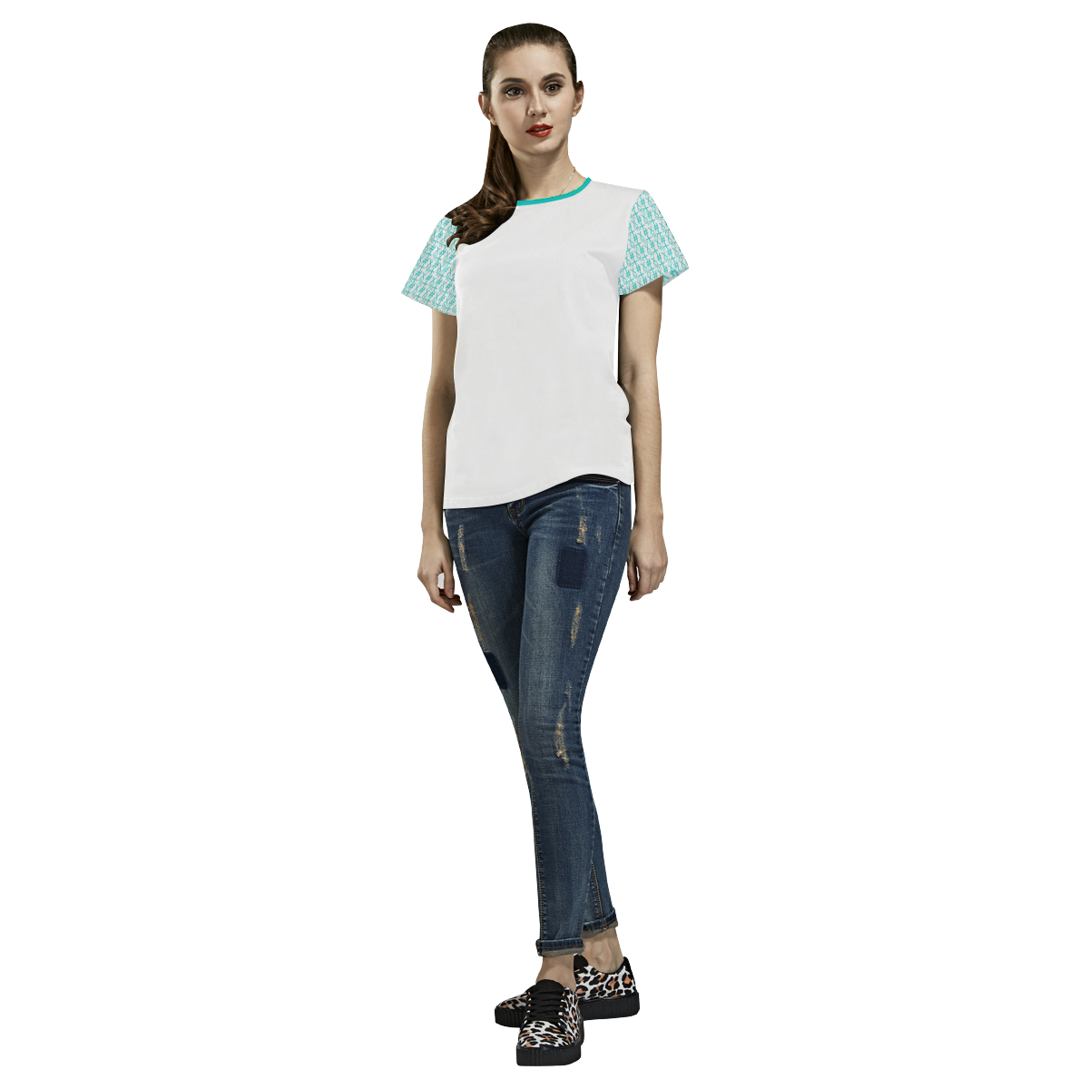 NUMBERS Collection Symbols Sleeves Teal/White All Over Print T-shirt for Women/Large Size (USA Size) (Model T40)