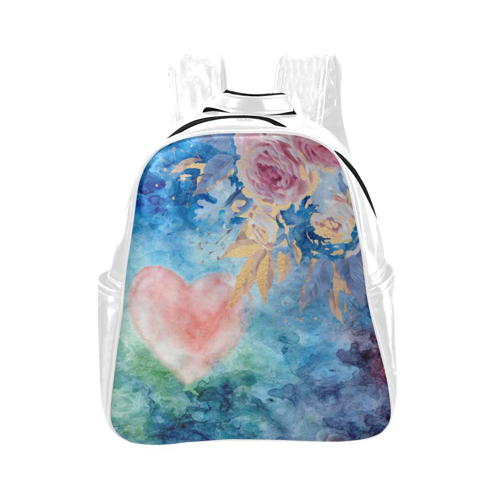 Heart and Flowers - Pink and Blue - White Multi-Pockets Backpack (Model 1636)