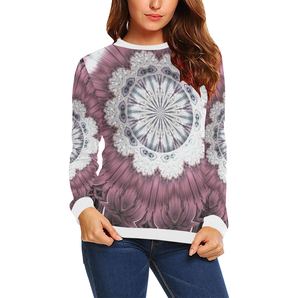 Bejeweled Royal Purple Diadem Fractal Mandala All Over Print Crewneck Sweatshirt for Women (Model H18)