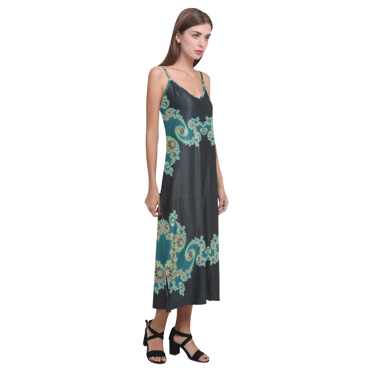 Aqua and Black  Hearts Lace Fractal Abstract V-Neck Open Fork Long Dress(Model D18)