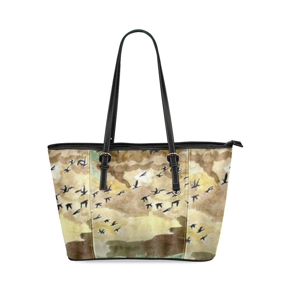 birds tote bag women Leather Tote Bag/Large (Model 1640)