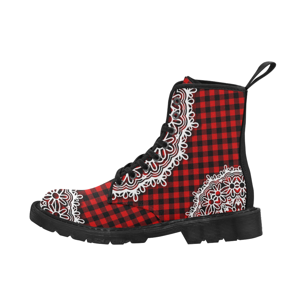 Red Buffalo Plaid And Lace Martin Boots for Women (Black) (Model 1203H)