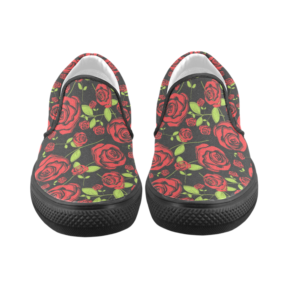 Red Roses on Black Slip-on Canvas Shoes for Men/Large Size (Model 019)