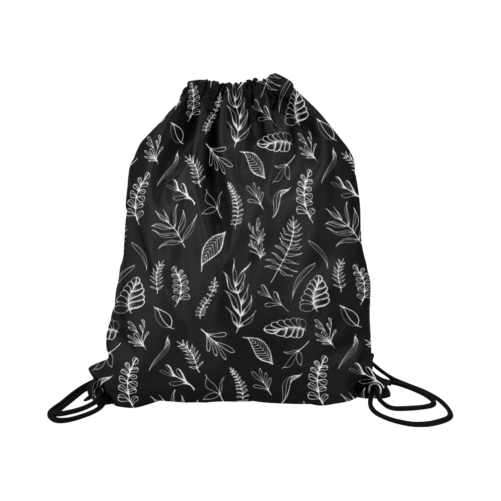 BLACK DANCING LEAVES Large Drawstring Bag Model 1604 (Twin Sides)  16.5"(W) * 19.3"(H)