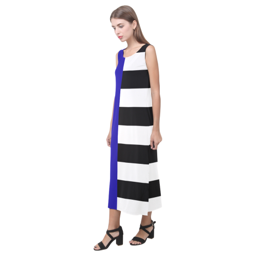 Blue and Stripes Mixed Print Phaedra Sleeveless Open Fork Long Dress (Model D08)