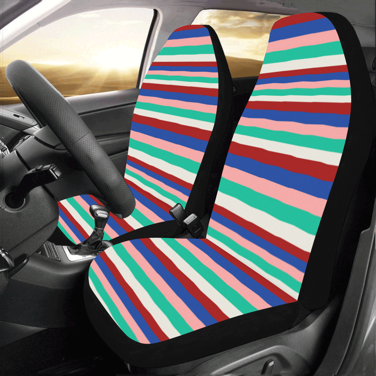 Colored Stripes - Dark Red Blue Rose Teal Cream Car Seat Covers (Set of 2)