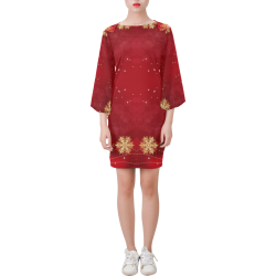 Golden Christmas Snowflake Ornaments on Red Bell Sleeve Dress (Model D52)