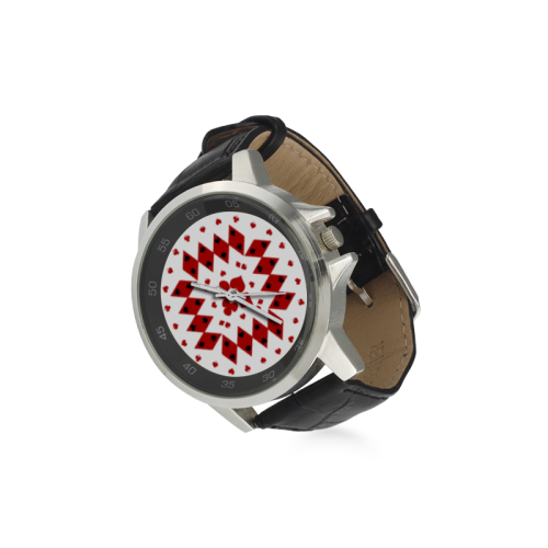 Black and Red Playing Card Shapes Round on White Unisex Stainless Steel Leather Strap Watch(Model 202)