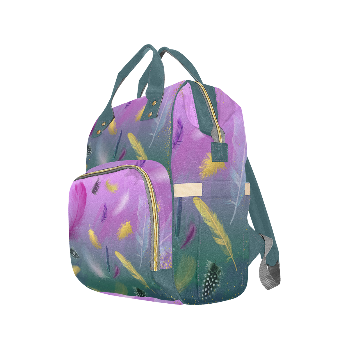 Dancing Feathers - Pink and Green Multi-Function Diaper Backpack/Diaper Bag (Model 1688)