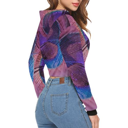 Purple Peacock Feather All Over Print Crop Hoodie for Women (Model H22)