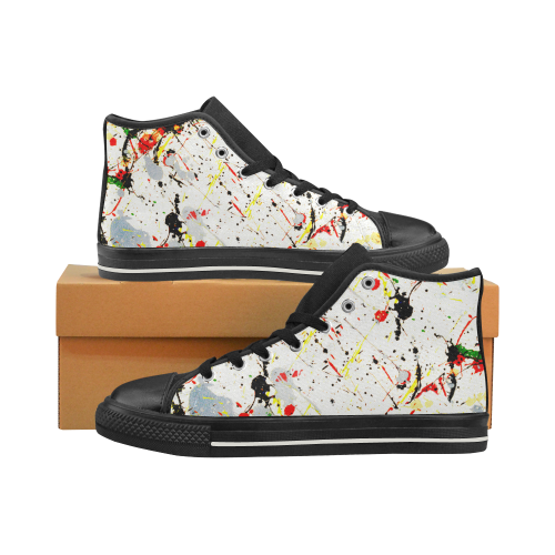 Yellow & Black Paint Splatter - Black High Top Canvas Shoes for Kid (Model 017)