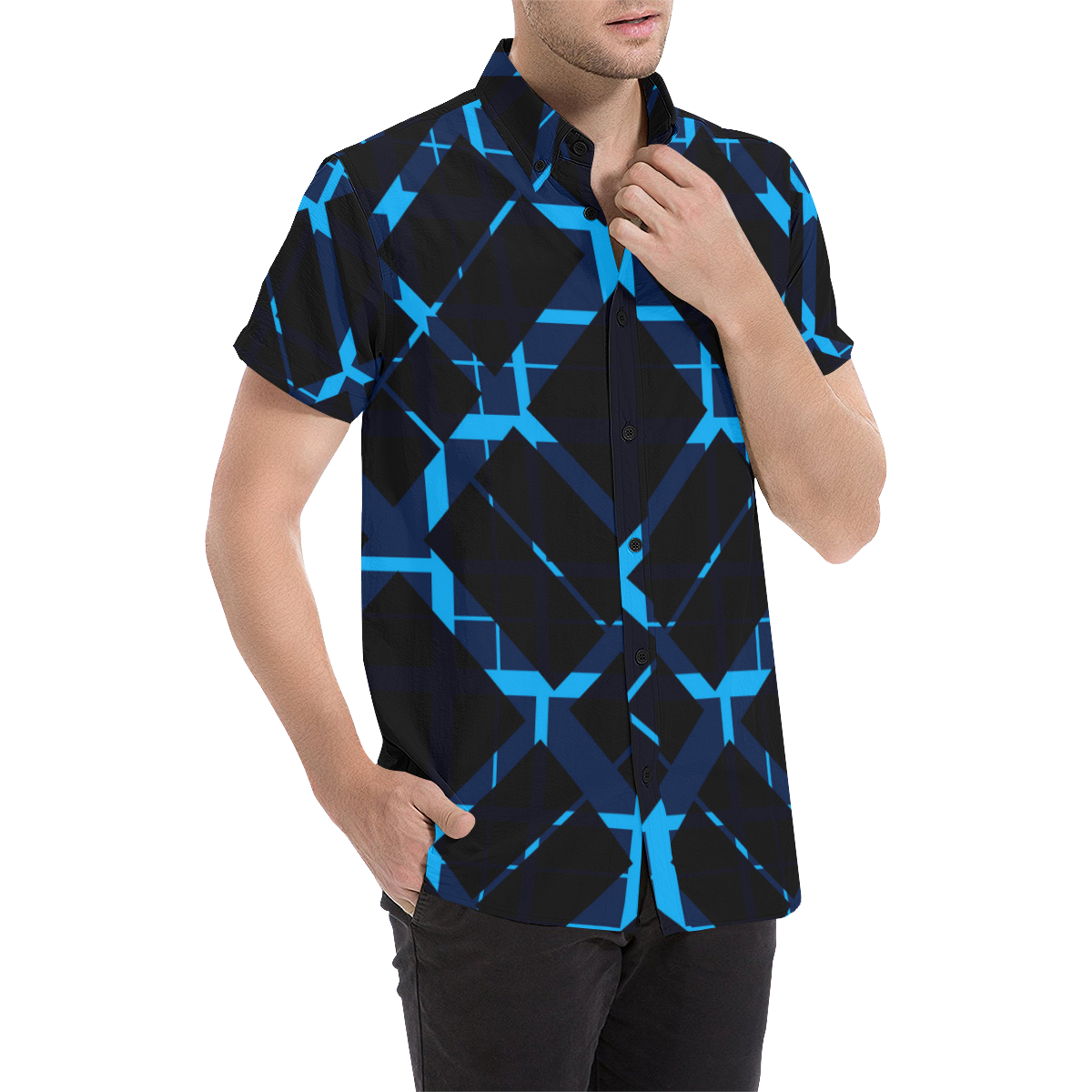 Diagonal Blue & Black Plaid Modern Style Men's All Over Print Short Sleeve Shirt/Large Size (Model T53)
