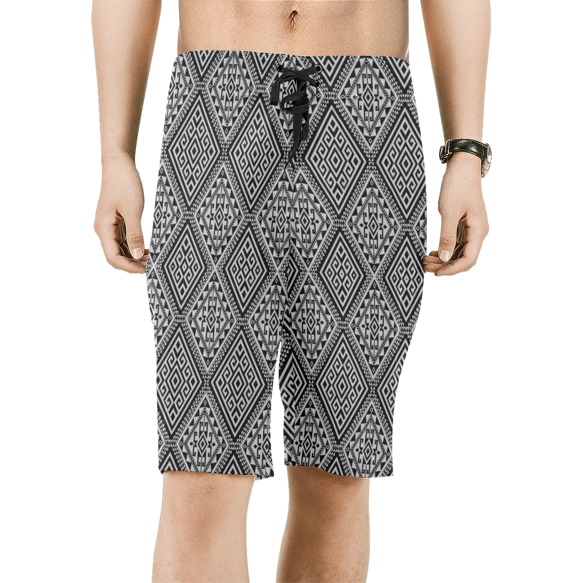 Geometric Folklore Diamonds Ethno Pattern black Men's All Over Print Board Shorts (Model L16)