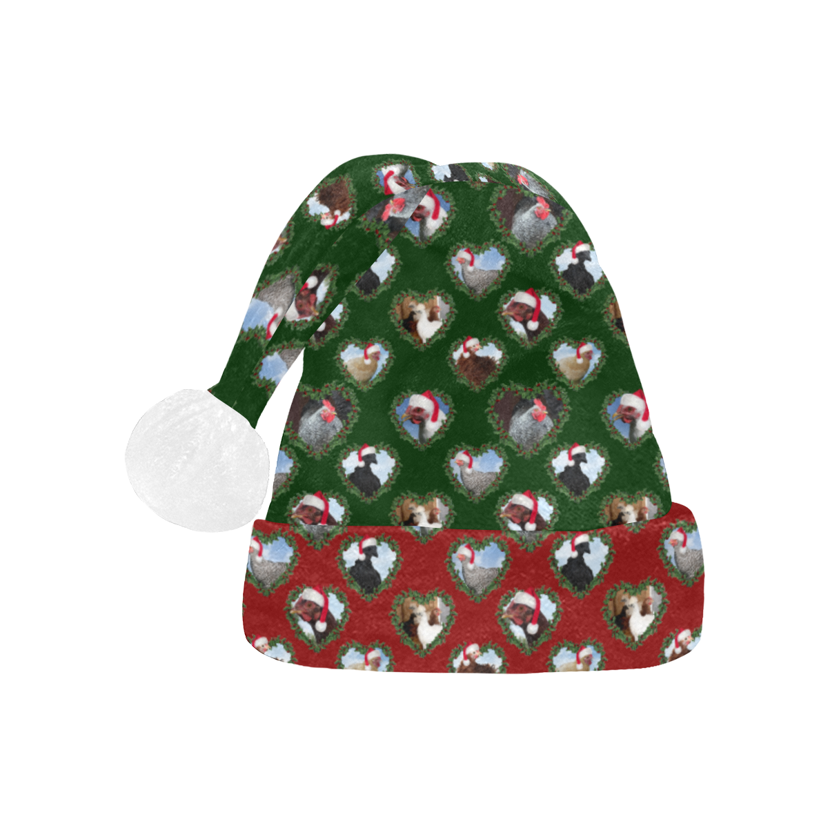 Christmas Chickens in Heart Wreaths Green and Red Santa Hat