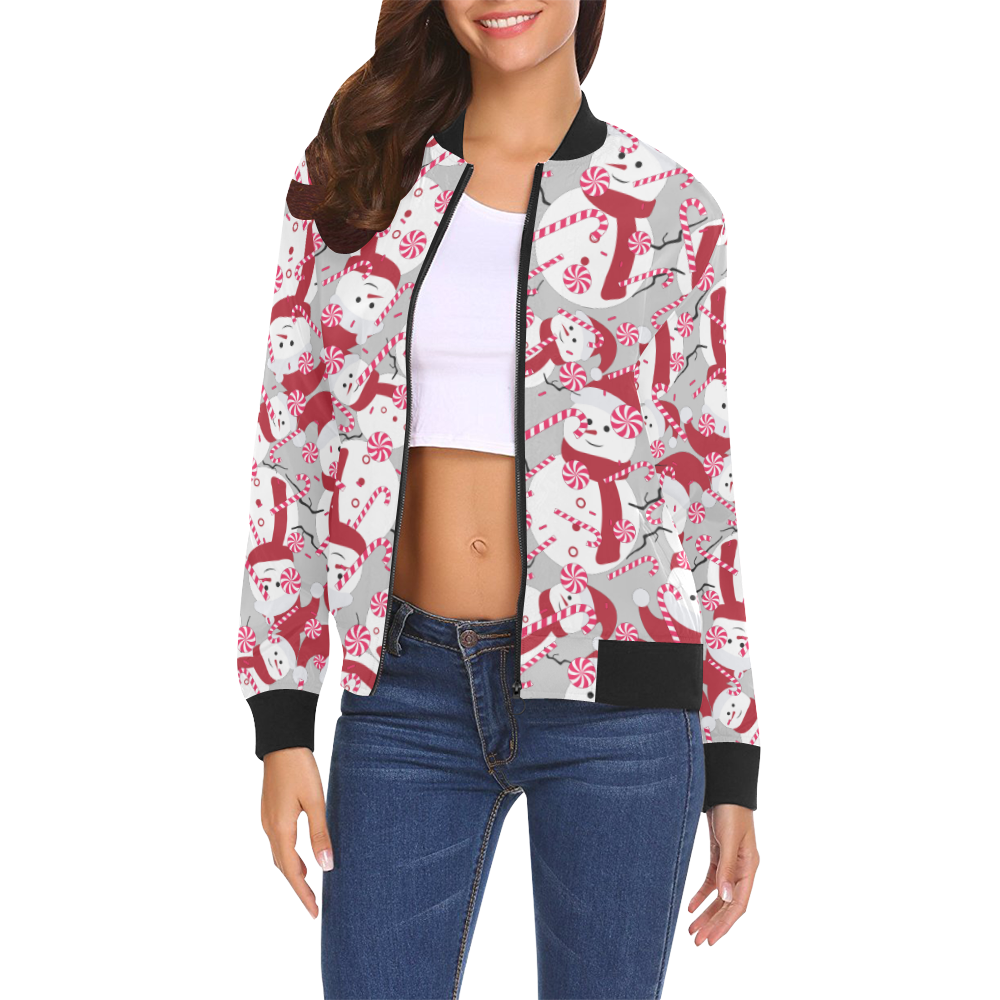 Candy Cane Santa Christmas Party GREY All Over Print Bomber Jacket for Women (Model H19)