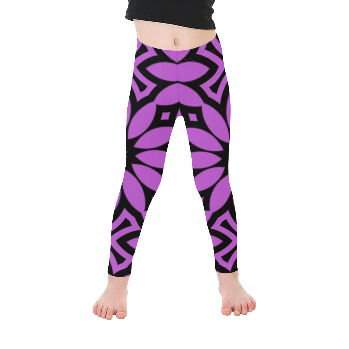 Purple/Black Flowery Pattern Kid's Ankle Length Leggings (Model L06)