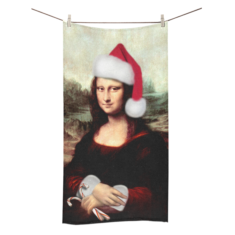 Christmas Mona Lisa with Santa Hat Bath Towel 30"x56"