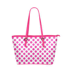 Pink Polka Dots on White Leather Tote Bag/Large (Model 1651)