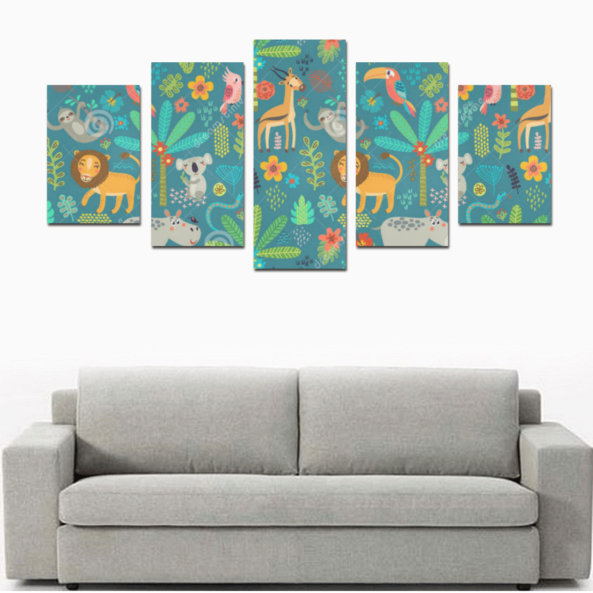 seamless-pattern-jungle-animals-flowers-trees-9181 Canvas Print Sets D (No Frame)