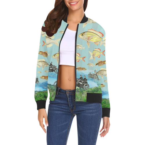 VINTAGE MOTORCYCLES AND COLORFUL FISH... IN THE MOUNTAINS All Over Print Bomber Jacket for Women (Model H19)