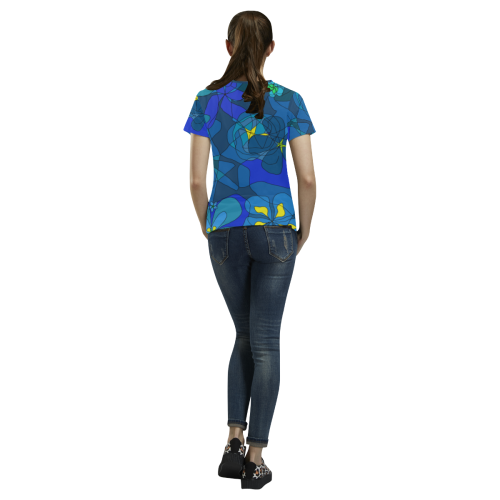 Abstract Blue Floral Design 2020 All Over Print T-Shirt for Women (USA Size) (Model T40)