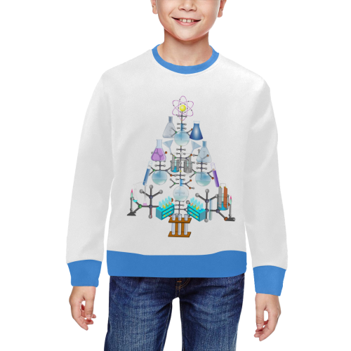 Oh Chemist Tree, Oh Chemistry, Science Christmas Blue and White All Over Print Crewneck Sweatshirt for Kids (Model H29)