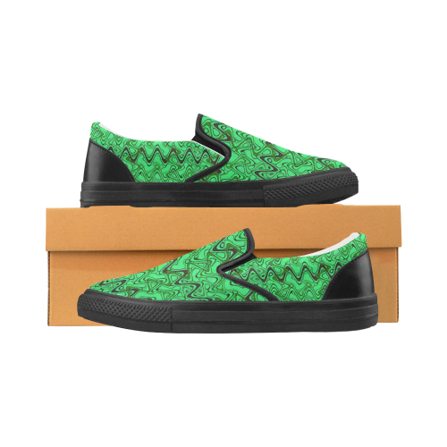 Green and Black Waves pattern design Men's Slip-on Canvas Shoes (Model 019)