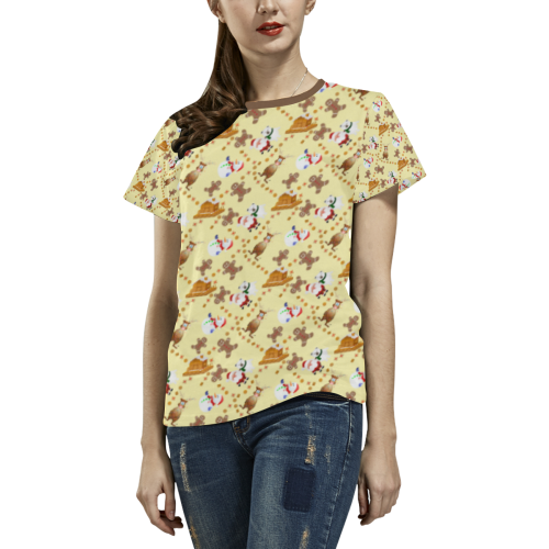 Christmas Gingerbread, Snowman, Reindeer and Santa Claus Yellow All Over Print T-shirt for Women/Large Size (USA Size) (Model T40)