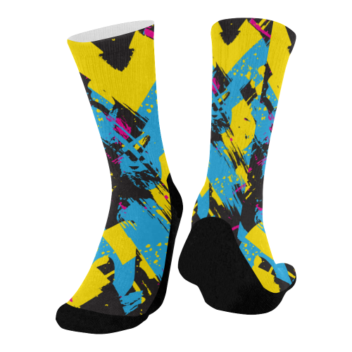 Colorful paint stokes on a black background Mid-Calf Socks (Black Sole)