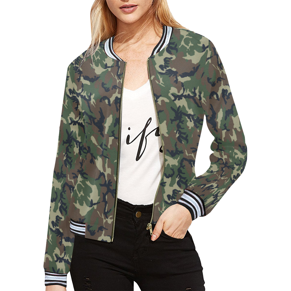 Woodland Forest Green Camouflage All Over Print Bomber Jacket for Women (Model H21)