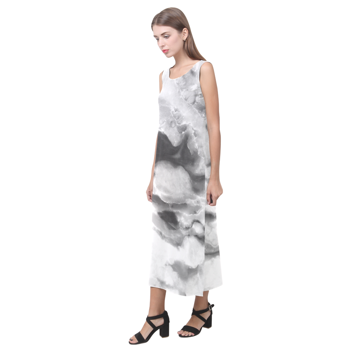 Marble Black and White Pattern Phaedra Sleeveless Open Fork Long Dress (Model D08)
