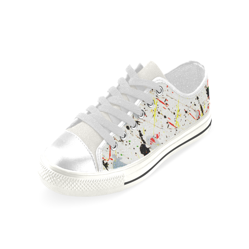 Yellow & Black Paint Splatter - White Low Top Canvas Shoes for Kid (Model 018)