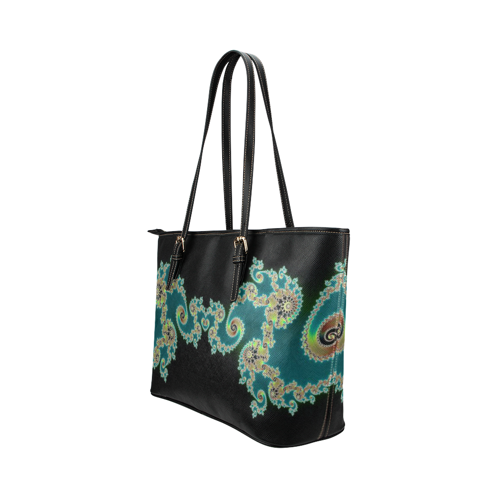 Aqua and Black  Hearts Lace Fractal Abstract Leather Tote Bag/Small (Model 1651)