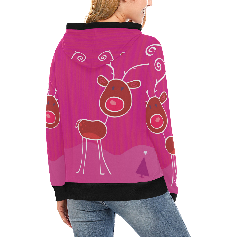 Cute hoodie pink with Deer High Neck Pullover Hoodie for Women (Model H24)