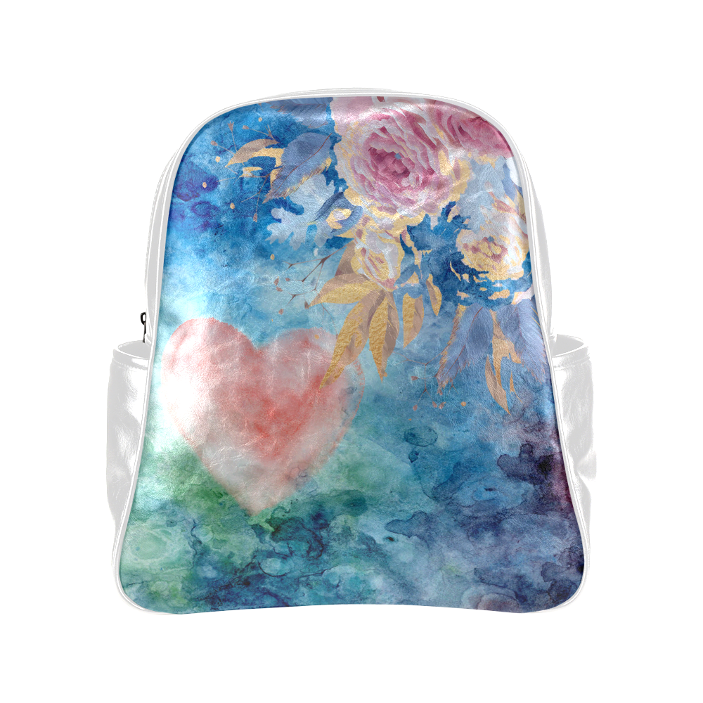 Heart and Flowers - Pink and Blue - White Multi-Pockets Backpack (Model 1636)