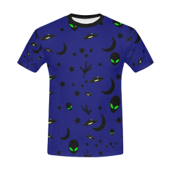 Alien Flying Saucers Stars Pattern on Blue All Over Print T-Shirt for Men/Large Size (USA Size) Model T40)