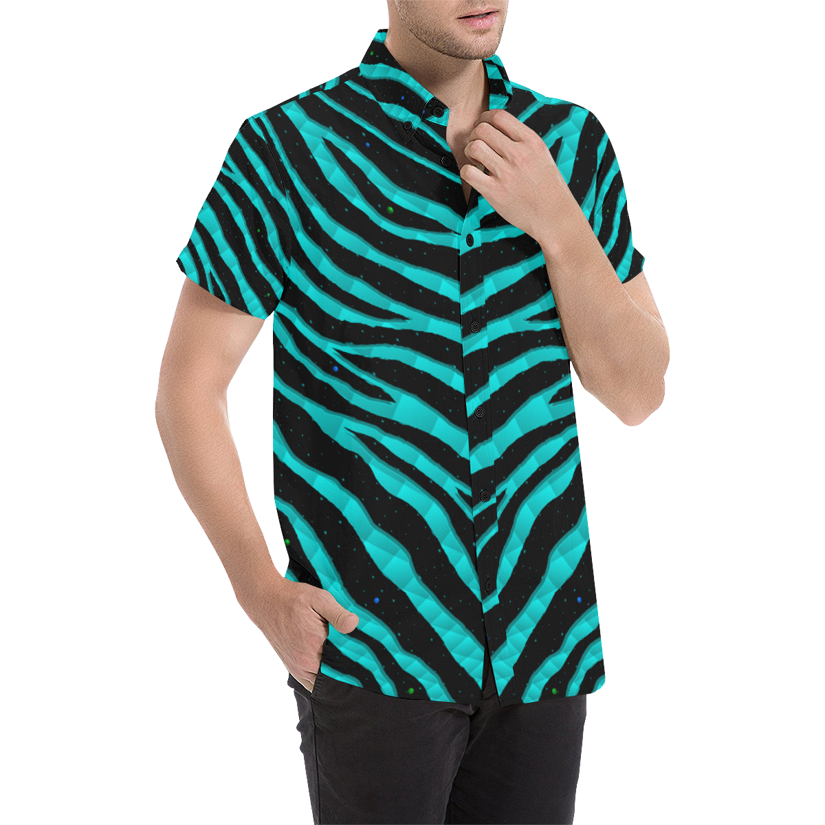 Ripped SpaceTime Stripes - Cyan Men's All Over Print Short Sleeve Shirt (Model T53)