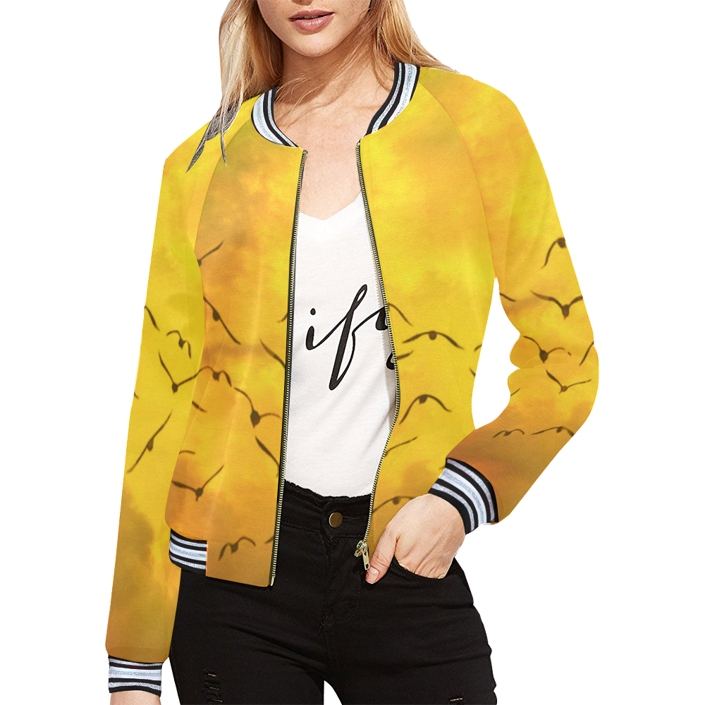 Trendy Birds, yellow by JamColors All Over Print Bomber Jacket for Women (Model H21)
