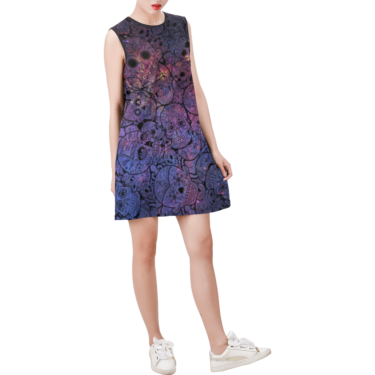 Cosmic Sugar Skulls Sleeveless Round Neck Shift Dress (Model D51)